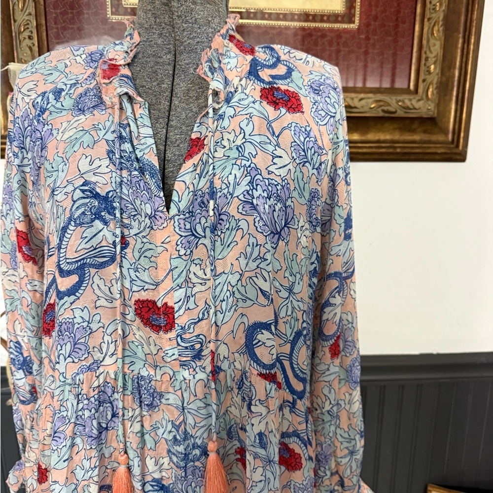 Roller Rabbit Floral Tiered Bohemian Tassel Dress Long Sleeve Sz S🧡🍄 - Picture 3 of 9